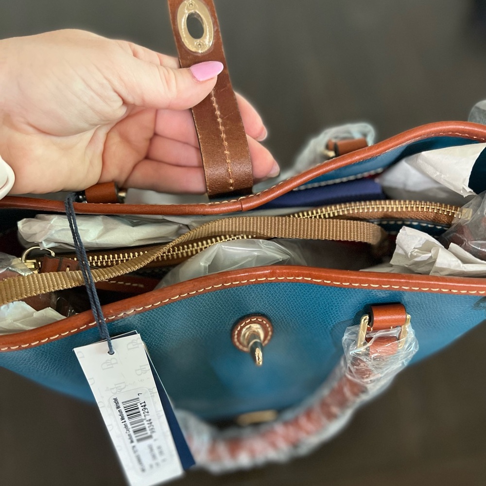 Classic Two-Tone Leather Tote - Teal and Brown - Picture 4 of 5